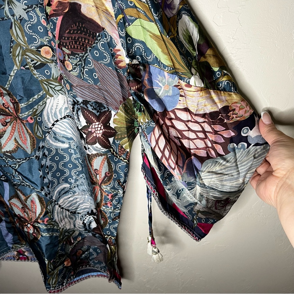 Johnny Was‎ Aran Georgia 100% Silk Floral Boho Ruched  Sleeves Tassel Trim Top - Picture 8 of 14